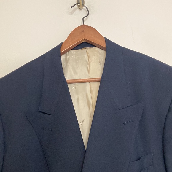 Vintage Sport Coat Mens 44S Navy Blue Wool Double Breast Peak Collar Gold Button - Picture 4 of 16